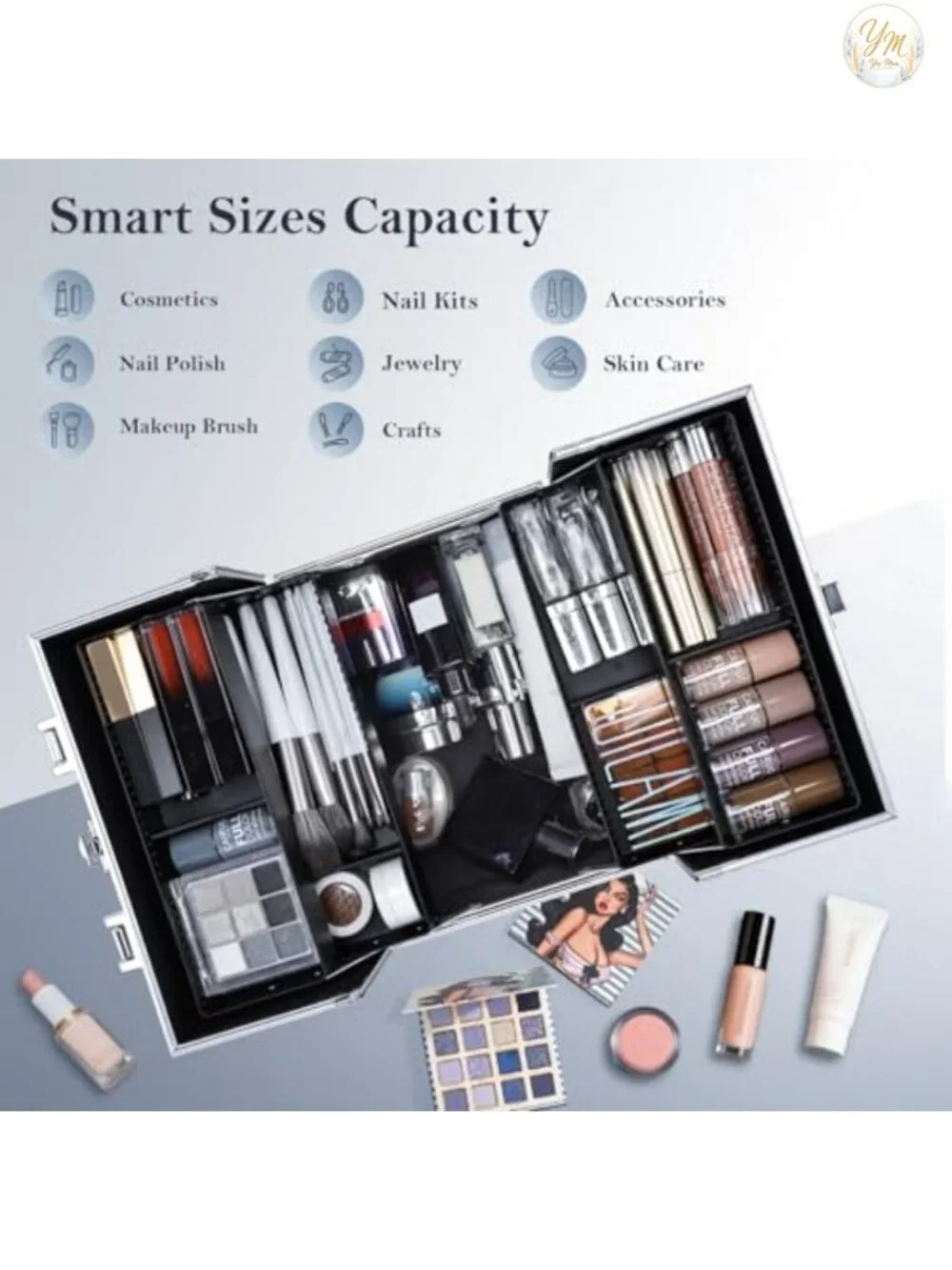 Hard Makeup Train Case with Lock 4 Trays Cosmetic Organizer Travel Vanity Box